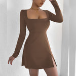 Women Clothing Square Collar Tight Long Sleeve Slit Flared Mini Sexy Dress