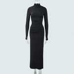 Autumn Stand Collar Long Sleeve Pleated Sexy Slit Hip Bag Dress Women