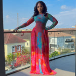 Women Clothing Vintage Crumpled Printed Patchwork Waist Slimming A line Dress round Neck Home Long Sleeve Dress