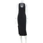 Sexy Personalized Perforated Slim Fit Slimming Sleeveless Halter Bare Back U Collar Waist High Elastic Solid Color Dress