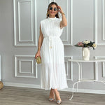 Women Clothing Spring Summer Simple Half Turtleneck Waist-Controlled Lace up Mid Length Dress