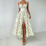 Cotton Suspender Dress Summer Split Waist Fitted Self Tie Dress Printing Dress