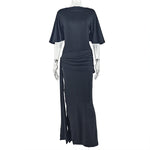 Women Clothing Backless Sexy Pleated Loose Hip Dress off Neck Lace up Split Maxi Dress