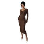 Brown V neck Dress Women Spring Autumn Chest Twist Design Slim Fit Three Quarter Sleeve Commuting Elegant Dress