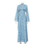 Elegant V neck Bell Sleeve French A line Dress Women Clothing High Waist Floral Dress