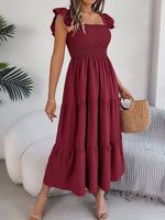 Summer Solid Color Square Collar Wooden Ear Waist A line Dress Women Clothing