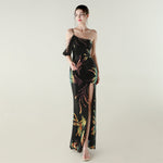 Sequin Mesh Craft Beaded Evening Dress off the Shoulder High Slit Fishtail Dress Swing Cocktail Social Socialite