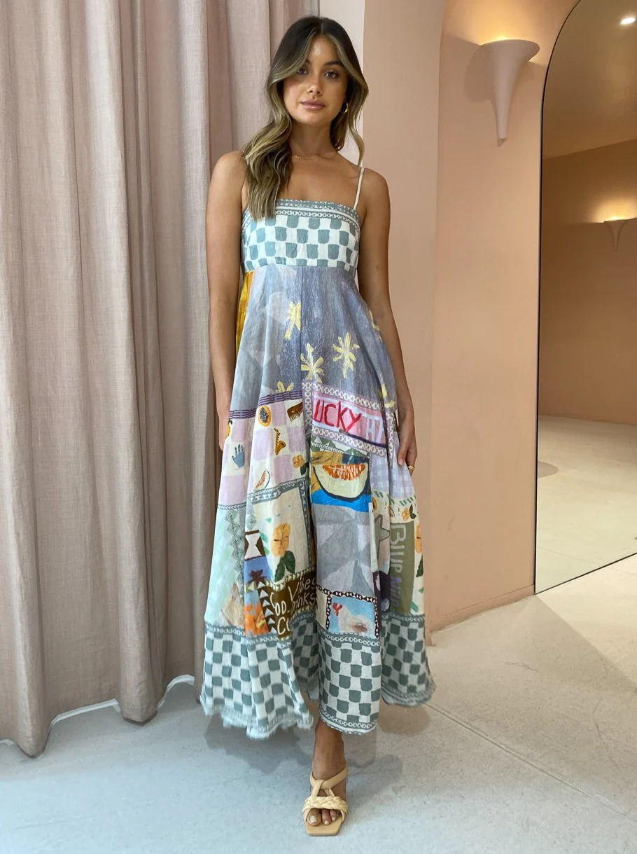Dress Women Clothing Spaghetti Strap Floral Print Linen 9 Color Large Swing Dress