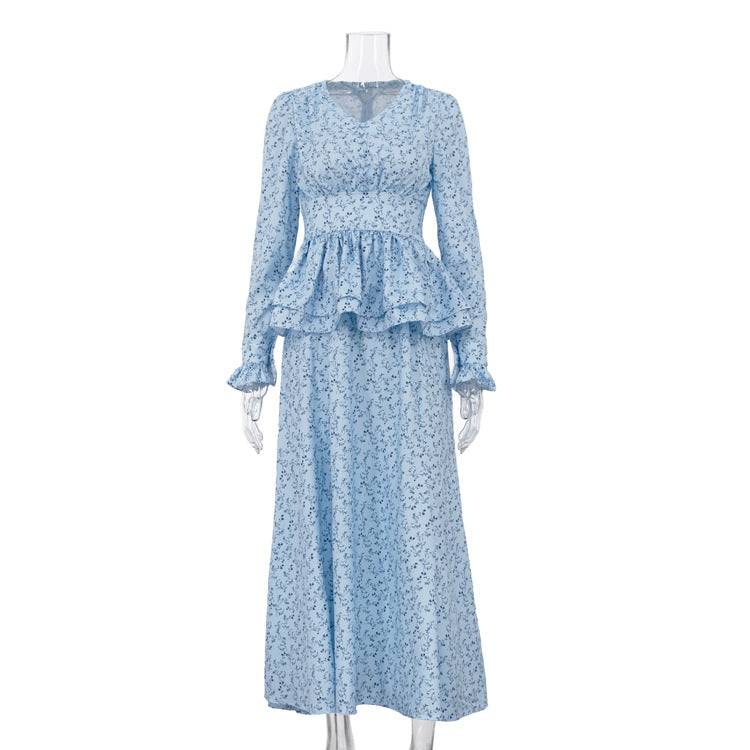 Women Clothing Waist Controlled Ruffled V neck Long Sleeve A line Dress Printed Maxi Dress Floral Dress