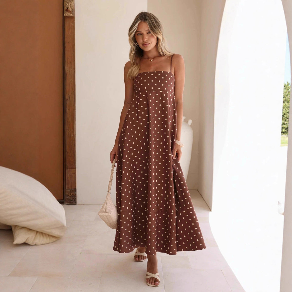 Arrival Dress Polka Dot Print High Waist Big Swing Vacation Maxi Dress