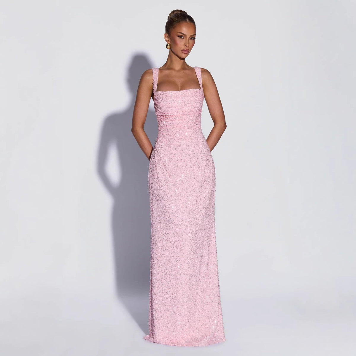 Personalized Sequined Solid Color Tube Top Dress Women Spring Sleeveless Suspenders Split Waist Fitted Maxi Dress