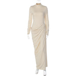 French Women Autumn Sexy Slim Fit Backless Button Solid Color Long Sleeve Dress