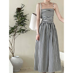 French Striped Bandeau Sling Dress Women High Grade off the Shoulder Pleated Waist Tight A line Long Summer