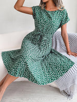 Spring Summer New Casual Short Sleeve Floral Large Hem Pleated Women Clothing