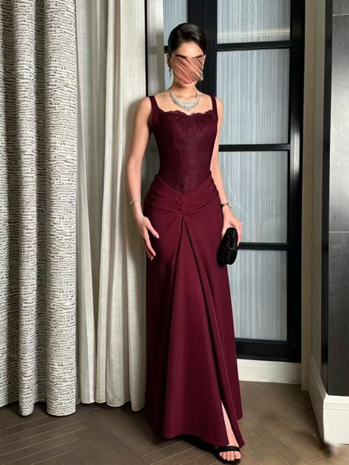 Burgundy Lace Slim Fit Patchwork Evening Maxi Dress Dress Cocktail