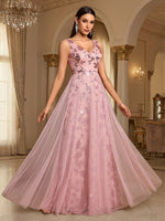 Sexy Deep V Plunge neck Large Swing Evening Dress Elegant Sexy Strap Pattern Sequin Gauze Dress Women