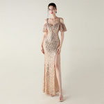 Bead Tube Sequin Heavy Industry Evening Dress Short Sleeve off the Shoulder Deep V Plunge High Slit Fishtail Dress Cocktail Socialite