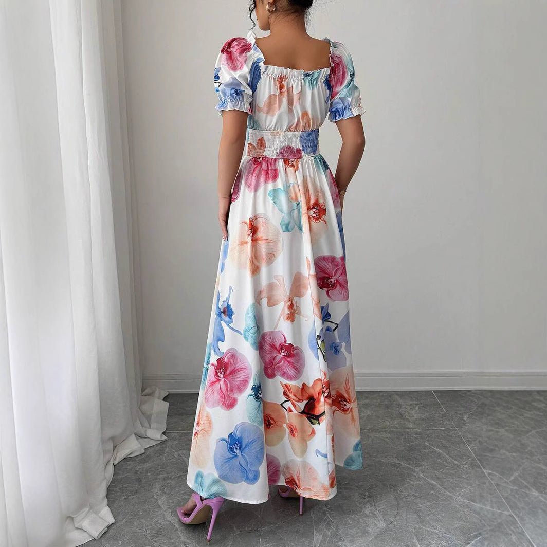 Summer Bubble Sleeve High Waist Tight Waist Women Printed Wear Large Swing Sling Dress