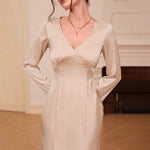 Women Clothing French V neck Satin Dress Autumn Winter High Waist Slim Dress