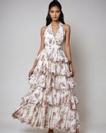 Spring Women Clothing Dress Sexy V neck Sling Multi Layer Printing Dress