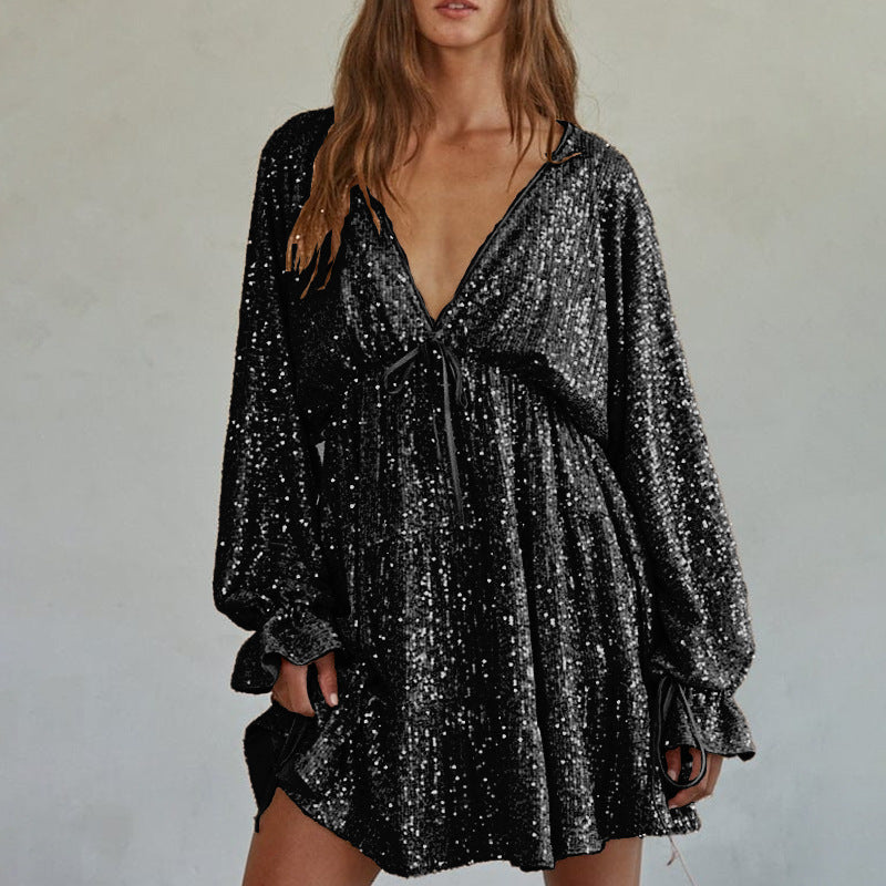 Lace up V neck Sequin Dress Sexy Drape Dress Women Summer