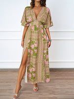 Summer Sexy V neck Short Sleeve Waist Controlled Printed Dress for Women