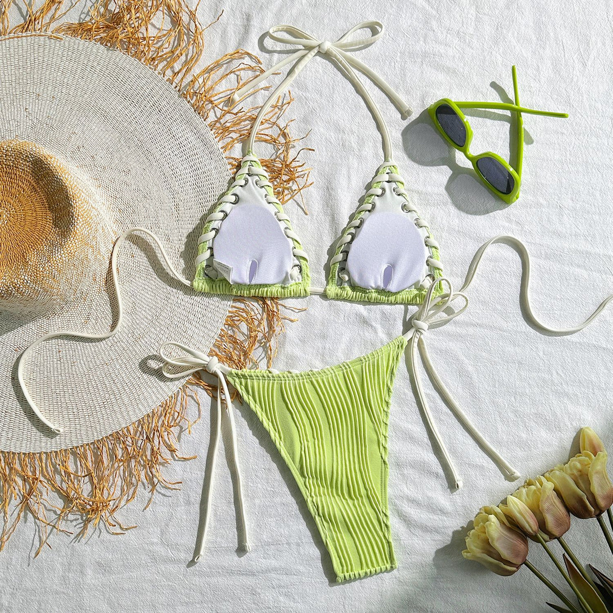 2025 Halter Wrinkled Weaved Bikini Women Swimwear Female Swimsuit Two Pieces Bikini Set Brazilian Bathing Suit Swim Beach Wear
