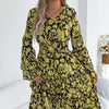 Women Clothing Spring Summer Retro Trumpet Sleeve Wooden Ear Waist A Line Dress
