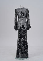 Women Clothing Long Sleeved round Neck Slim Fit Sheath Sequined Cocktail Fishtail Evening Dress