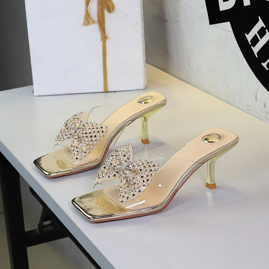 Rhinestone Bow Square Toe Open Toe Slippers Transparent Slip on Stiletto Heel Outdoor Slippers