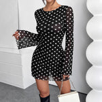 Elegant Mesh Polka Dot Printed round Neck Backless Long Sleeves Dress