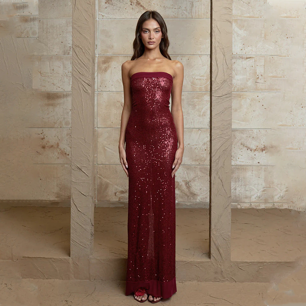 Sexy Women Clothing Evening Dress Elegant Bandeau Slim Fit Maxi Dress Sequined Split Backless Dress