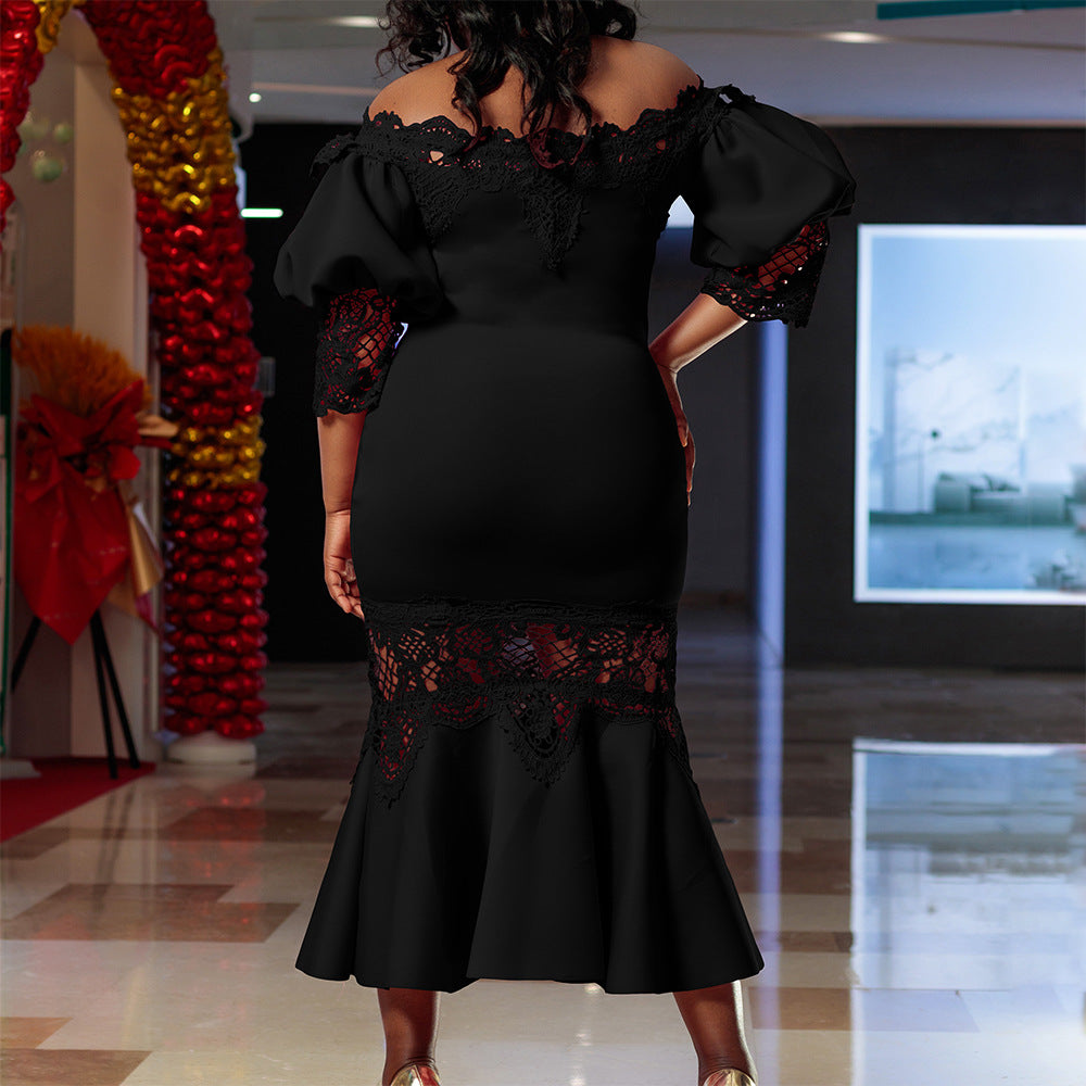D368 cross-border women's fashion temperament lace off-the-shoulder fishtail party sexy party dress foreign trade dress