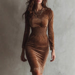 Women Clothing Slim Fit Autumn Winter Pleuche Dress Waist Controlled Long Sleeves Lace Dress