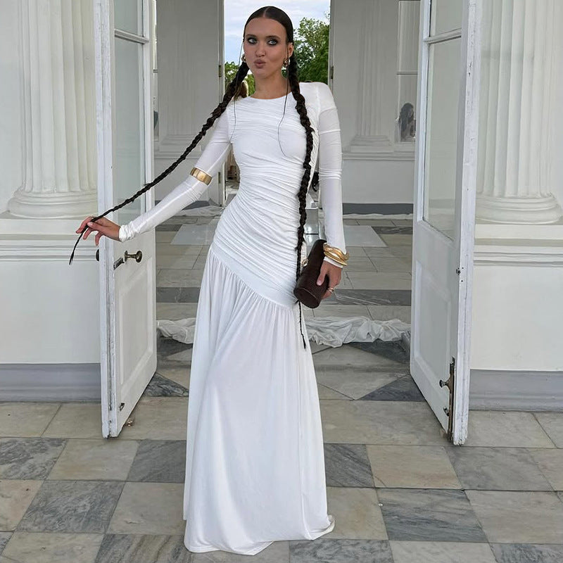 Best Seller in Women Clothing Summer Slim Fit Pleated round Neck Long Sleeved Dress Women