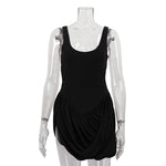 Women Clothing Patchwork Design Pleated Sleeveless Suspender High Waist Irregular Asymmetric Hem Dress