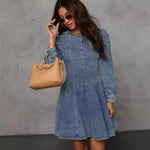Autumn Casual Patchwork Tight Waist Women Denim Long Sleeve Dress