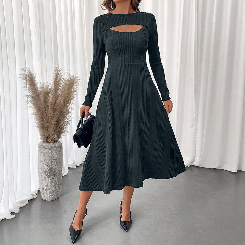 Autumn Elegant Office Sexy Cutout round Neck Solid Color Slim Fit Dress