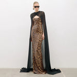 Elegant Sexy Leopard Print Sequin Cami Dress Dress Black Chiffon Cloak Two Piece Maxi Dress