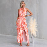 Printed Sexy V neck Backless Halter Fashionable Stringy Selvedge Dress