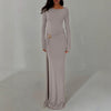 Women Maxi Dress Crew Neck Split Long Sleeve Autumn Dress