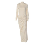 French Women Autumn Sexy Slim Fit Backless Button Solid Color Long Sleeve Dress