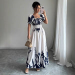 Summer Bubble Sleeve High Waist Tight Waist Women Printed Wear Large Swing Sling Dress