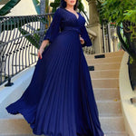 Women Clothing V neck Sexy Pleated Formal Swing Dress Maxi Dress