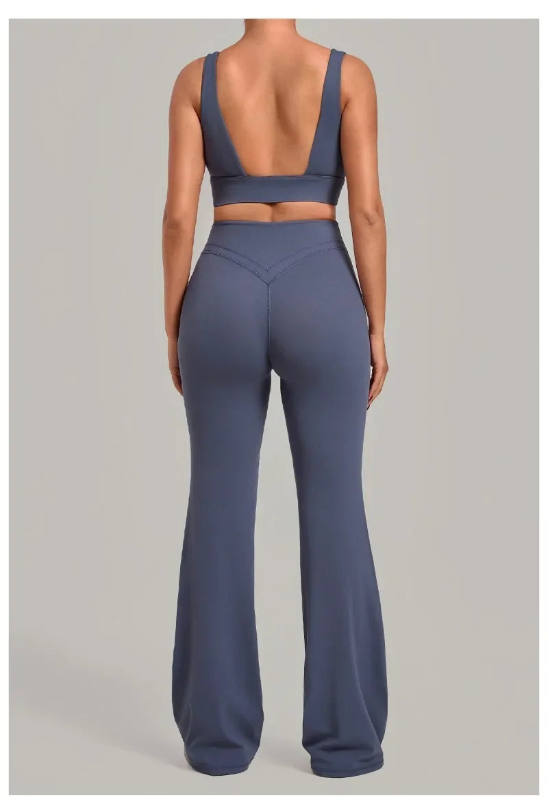 Women's Seamless Yoga Sets Sports Fitness Hip-lifting High Waist Flared Pants Backless Bra Suits Training WorkoutLeggings Sets