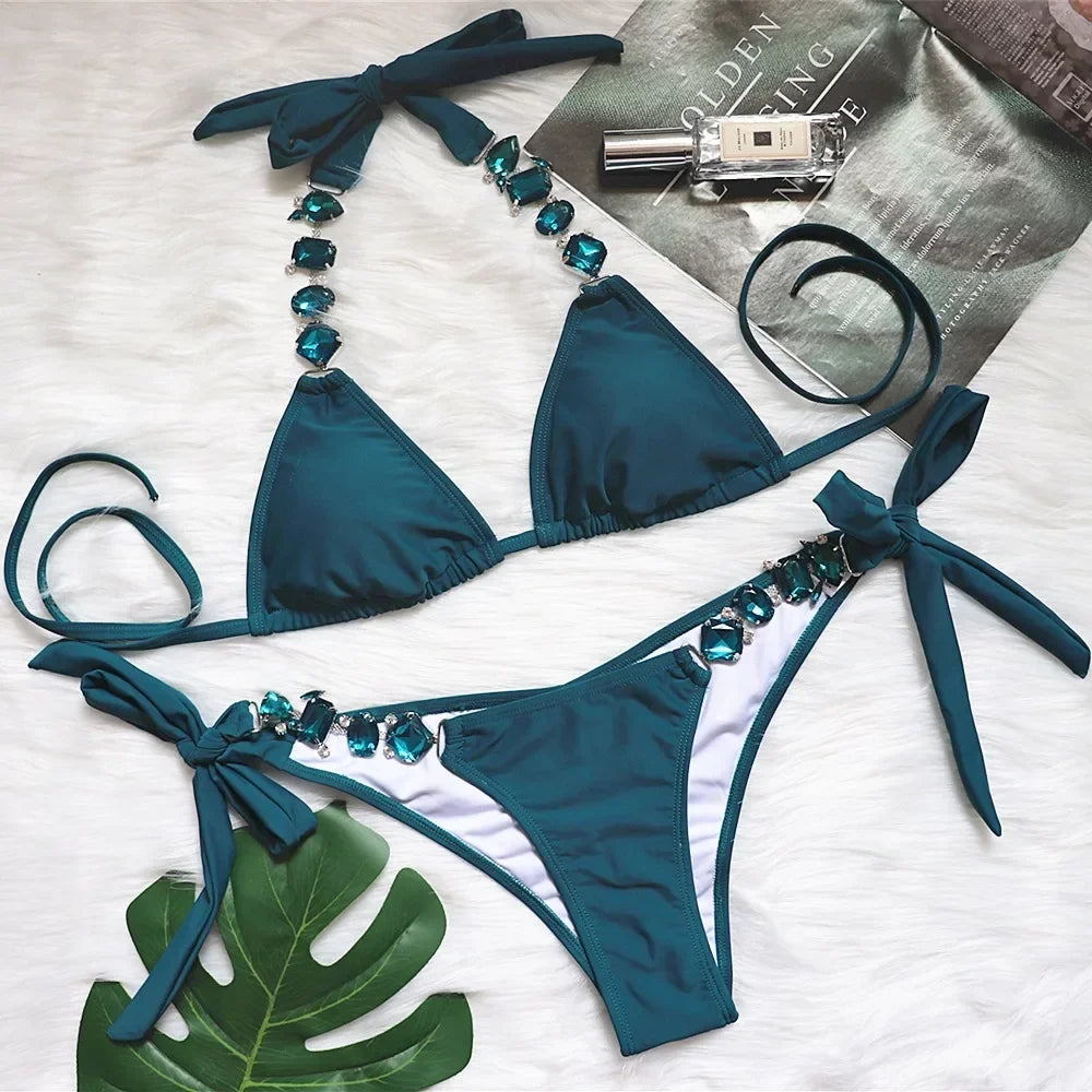 6 Colors Sexy Bikini Women Swimwear Swimsuit Push Up Shiny Crystal Diamond Chain Bikinis Set Bathing Suit Maillot De Bain Femme