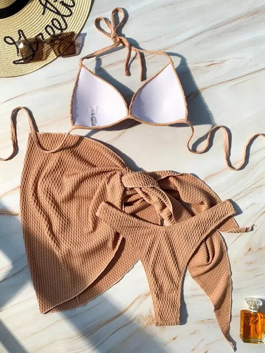 With Skirt Wrinkled Bra Cup Bikini Female Swimsuit Women Swimwear Three-pieces Bikini Set Push Up Bathing Suit Swim Beachwear