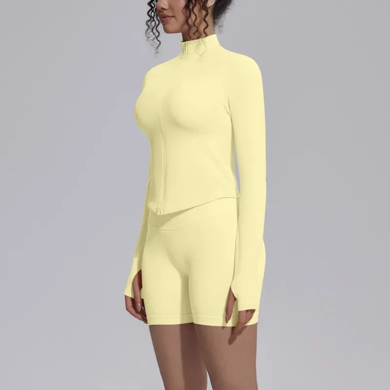 Women's Seamless Yoga Sets Sports Fitness Gym Zipper Long-Sleeve Jacket Hip Lift High-Waist Shorts Suits Workout Training Sets