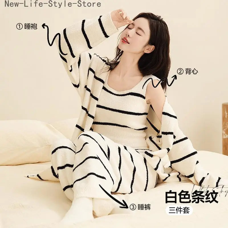 Women Autumn Winter New Half Velvet 3 Piece Pajama Set Thick Plush Loungewear with Bathrobe Soft Cozy Casual Home Sleepwear