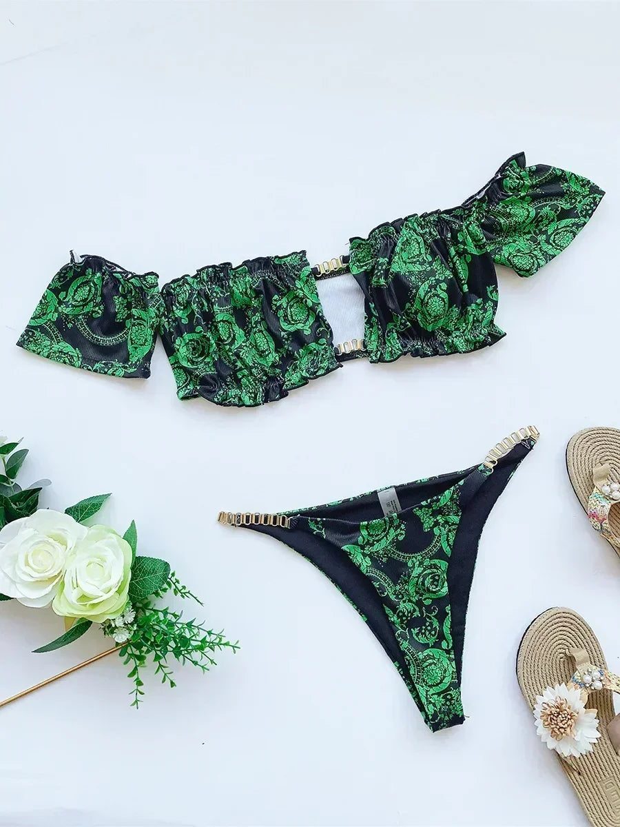 Floral Print Off Shoulder Bikini 2025 High Cut Swimsuit Women Female Brazilian Swimwear Two pieces Bikini set Bathing Suit Swim